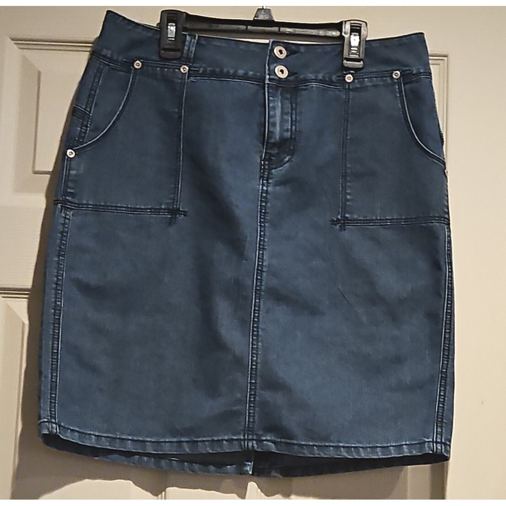 Vintage Size 8 Soft Blue Jean Denim Midi Skirt Cinch Belted Slit Back 4 Pkt EC